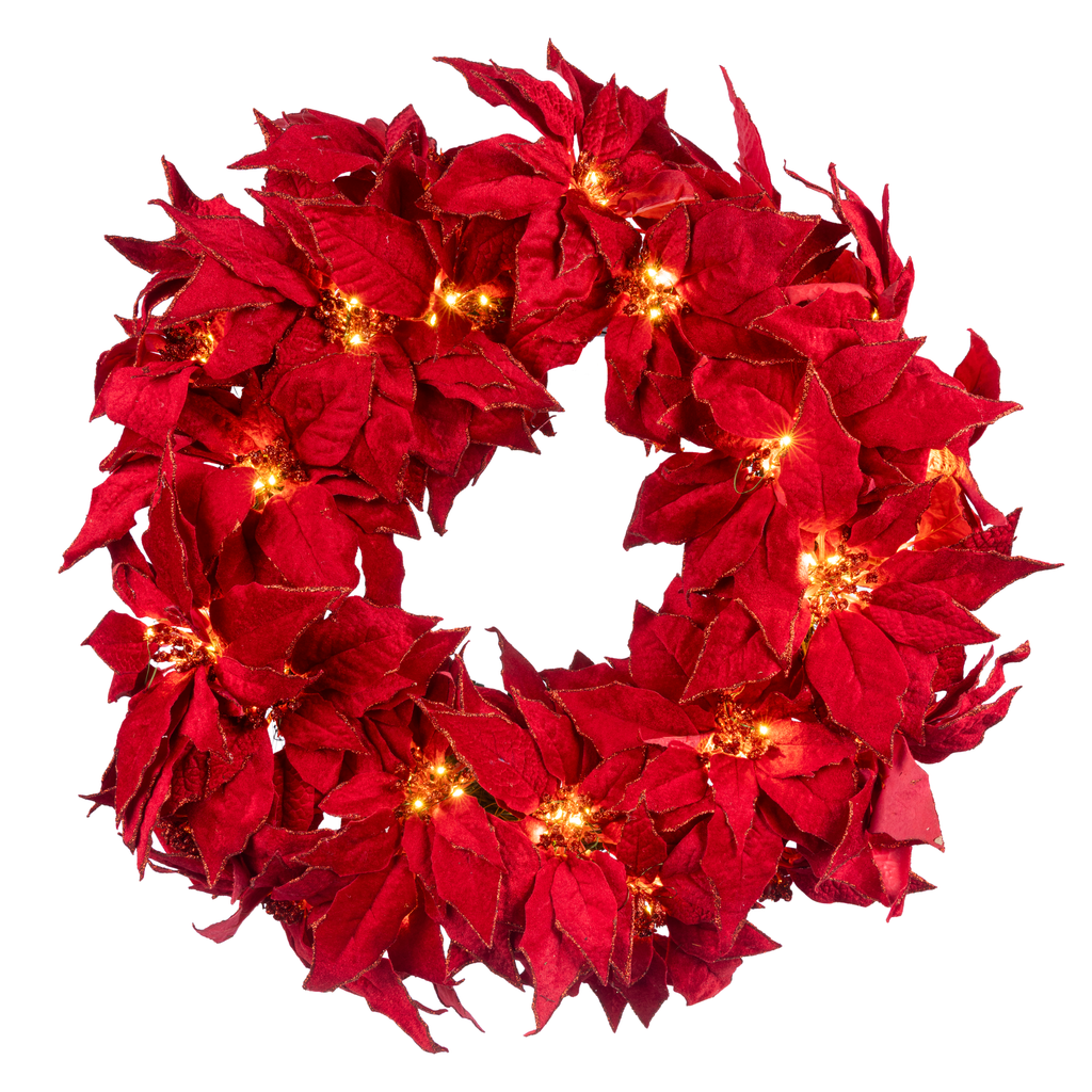 Clovi Brad Schmidt Everglow Poinsettia Wreath, Christmas, 26”, 160 Lights